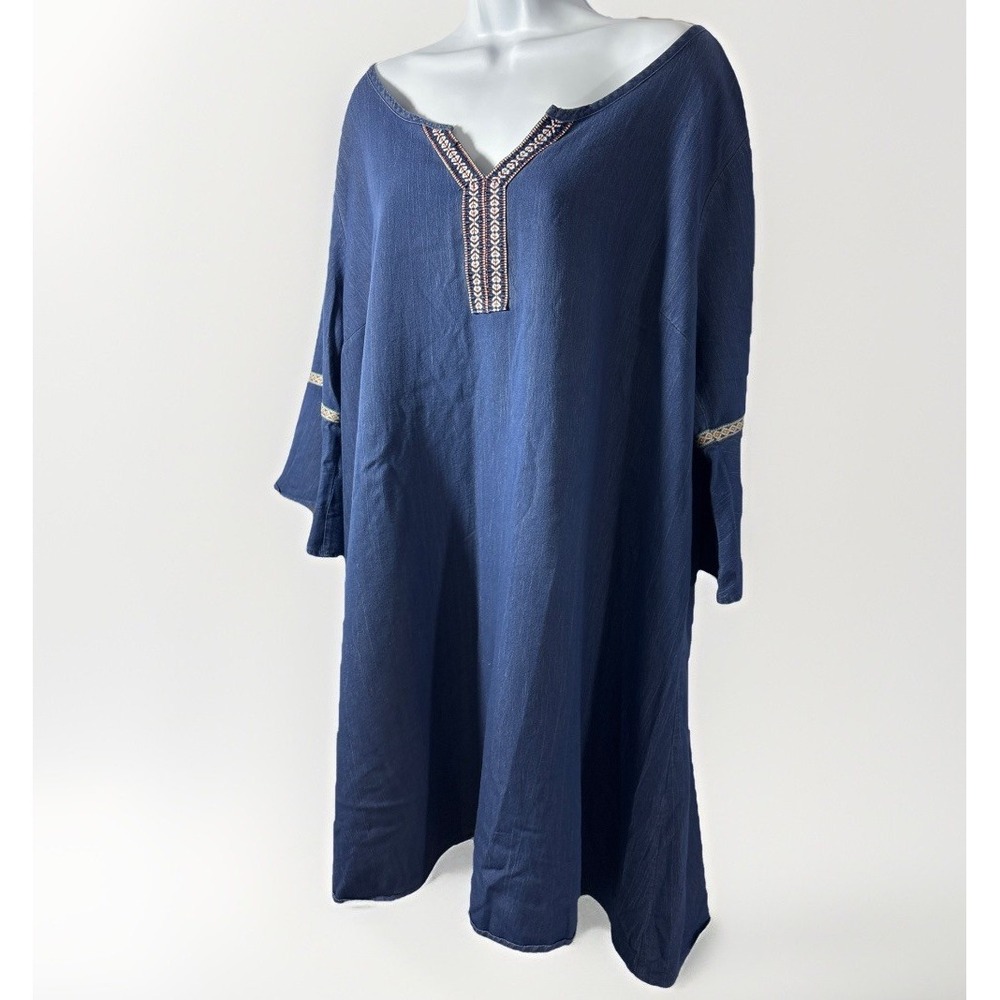 NAIF Blue Chambray Embroidered Trim Boho Shift Dress Womens Plus 3X